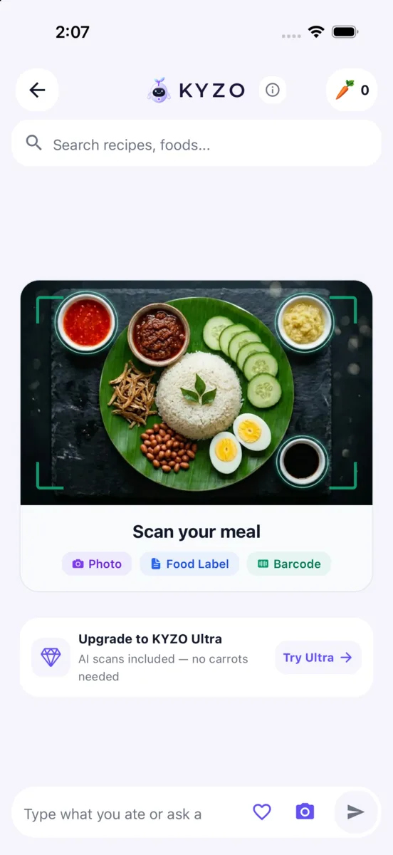 KYZO meal scanner with photo, nutrition-label and barcode options