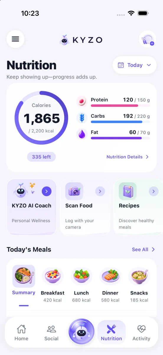 KYZO nutrition dashboard showing calories, macros and meals