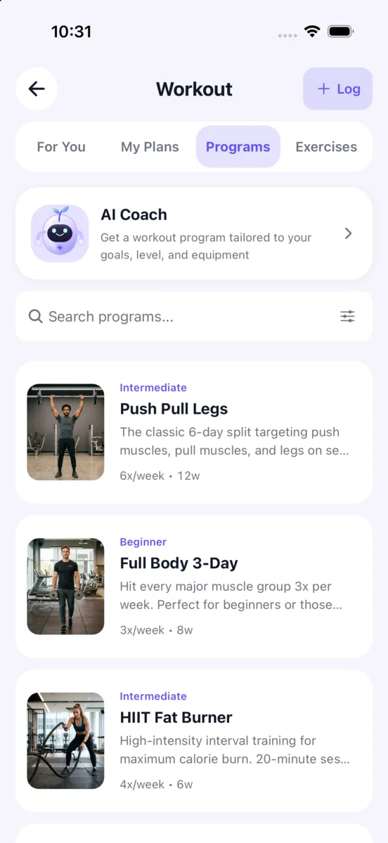KYZO training programs including Push Pull Legs, Full Body and HIIT