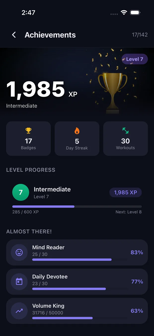KYZO achievements, badges and XP