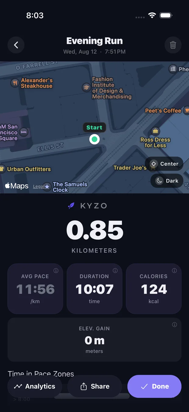KYZO run summary with route map, pace and splits
