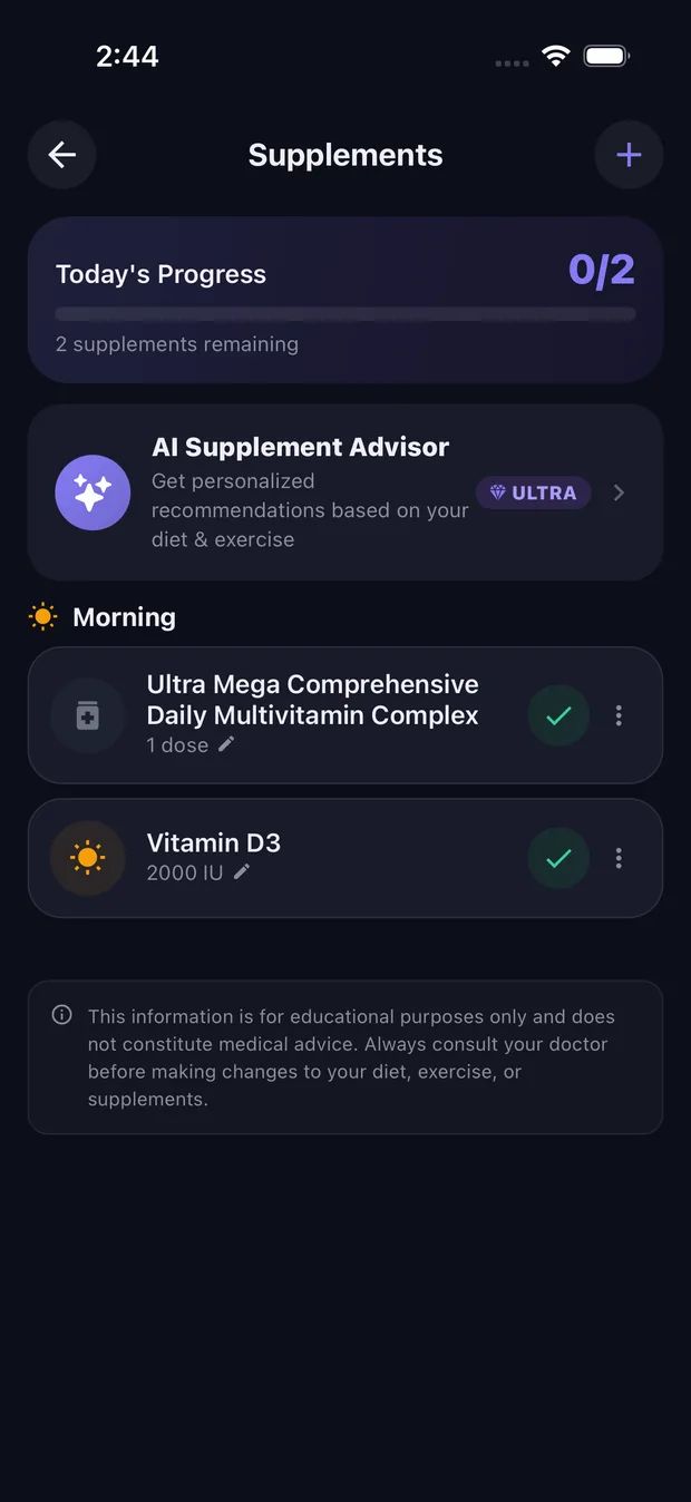 KYZO supplement tracking with daily progress